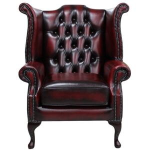 Chesterfield High Back Wing Chair Antique Oxblood Red Real Leather In Queen Anne Style