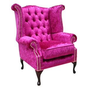 Chesterfield High Back Wing Chair Shimmer Fuchsia Velvet Bespoke In Queen Anne Style