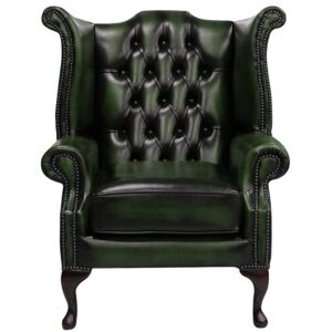 Chesterfield High Back Wing Chair Antique Green Real Leather In Queen Anne Style