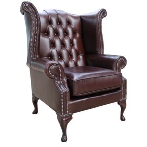 Chesterfield High Back Wing Chair Old English Brown Leather In Queen Anne Style