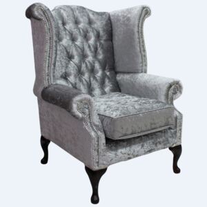 Chesterfield High Back Wing Chair Shimmer Silver Velvet Bespoke In Queen Anne Style