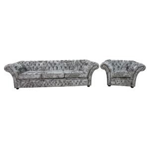 Chesterfield 4 Seater + Club Armchair Lustro Argent Velvet Fabric Sofa Suite In Balmoral Style
