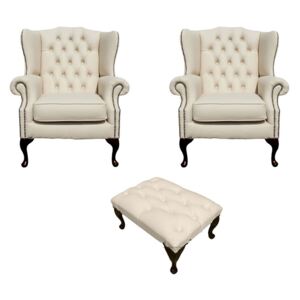 Chesterfield 2 x Wing Chair + Footstool Cottonseed Cream Leather In Mallory Style