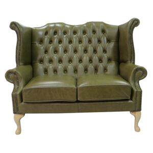 Chesterfield 2 Seater High Back Wing Sofa Old English Olive Green Leather In Queen Anne Style