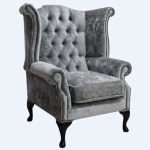 Chesterfield High Back Wing Chair Modena Silver Velvet Bespoke In Queen Anne Style