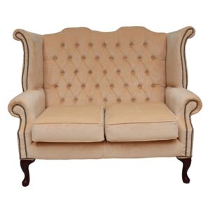 Chesterfield 2 Seater High Back Wing Sofa Chair Velluto Vanilla Fabric In Queen Anne Style