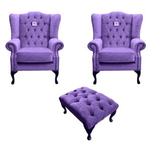 Chesterfield 2 x Wing Chairs + Footstool Verity Purple Fabric In Mallory Style