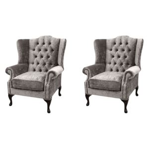 Chesterfield 2 x Wing Chairs Boutique Beige Velvet Fabric In Mallory Style