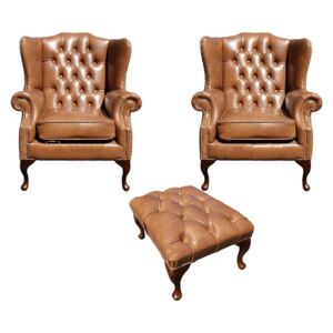 Chesterfield 2 x Wing Chairs + Footstool Old English Tan Leather In Mallory Style
