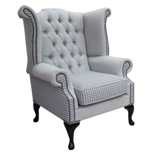 Chesterfield High Back Wing Chair Quattro Sky Fabric Bespoke In Queen Anne Style