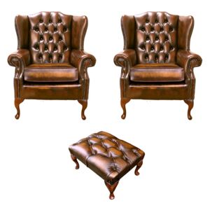 Chesterfield 2 x Wing Chair + Footstool Antique Gold Leather In Mallory Style