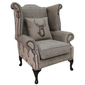 Chesterfield High Back Wing Chair Antler Stag Chocolate Brown Fabric In Queen Anne Style