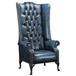 Chesterfield 5ft 1780's High Back Wing Chair Antique Blue Leather In Soho Style