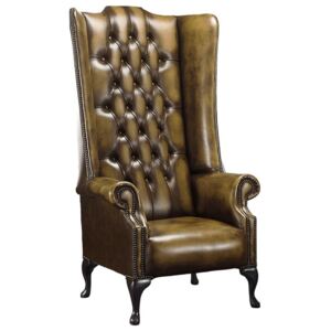 Chesterfield 5ft 1780's High Back Wing Chair Antique Gold Leather In Soho Style