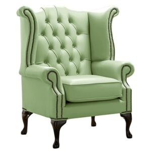 Chesterfield High Back Wing Chair Shelly Pea Green Leather Bespoke In Queen Anne Style