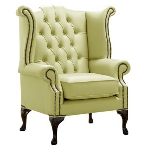 Chesterfield High Back Wing Chair Shelly Chartreuse Leather Bespoke In Queen Anne Style