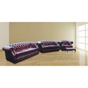 Chesterfield 3+2+Club+Footstool Antique Oxblood Red Leather In Buckingham Style