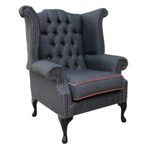 Chesterfield High Back Chair Charles Charcoal Orange Trim Linen Fabric In Queen Anne Style