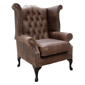 Chesterfield High Back Wing Chair Cracked Wax Tobacco Leather In Queen Anne Style