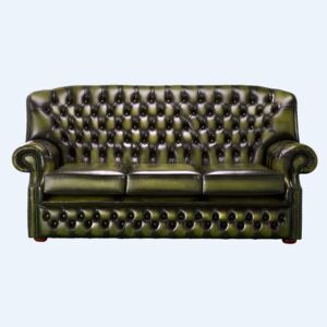 Chesterfield 3 Seater Antique Olive Green Leather Sofa Bespoke In Monks Style