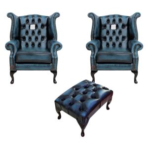 Chesterfield 2 x Chairs+Footstool Antique Blue Leather Chairs Offer In Queen Anne Style