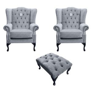 Chesterfield 2 x Wing Chairs + Footstool Verity Plain Steel Fabric In Mallory Style