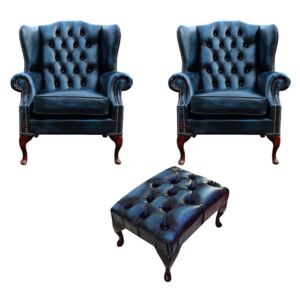 Chesterfield 2 x Wing Chair + Footstool Antique Blue Leather In Mallory Style