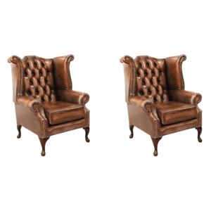 Chesterfield 2 x Chairs Antique Tan Leather Chairs Offer In Queen Anne Style