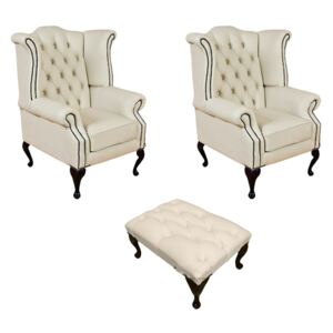Chesterfield 2 x Wing Chairs + ­Footstool Cottonseed Cream Leather In Queen anne Style