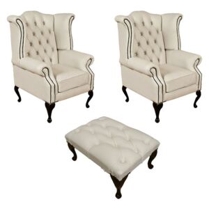 Chesterfield 2 x Wing Chairs + ­Footstool Ivory Leather In Queen anne Style