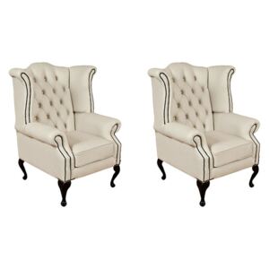 Chesterfield 2 x High Back Chairs Ivory Leather Bespoke In Queen Anne Style