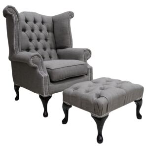 Chesterfield High Back Wing Chair + Footstool Charles Slate Linen Fabric In Queen Anne Style