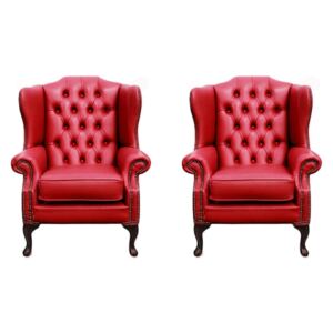 Chesterfield 2 x Wing Chair Old English Gamay Red Leather Bespoke In Mallory Style