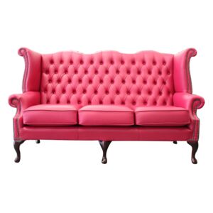 Chesterfield 3 Seater High Back Wing Sofa Shelly Anemone Leather In Queen Anne Style