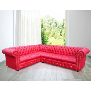 Chesterfield 3 Seater + Corner + 2 Seater Flame Red Leather Crystal Buttoned Seat Corner Sofa Unit In Classic Style