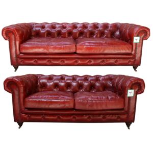 Vintage Chesterfield 3+2 Distressed Rouge Red Real Leather Sofa Suite