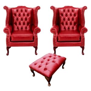 Chesterfield 2 x Wing Chairs +­ Footstool Old English Gamay Red Leather In Queen Anne Style