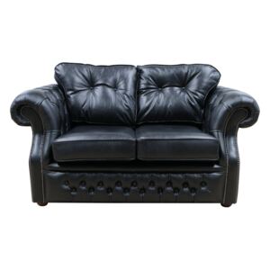 Chesterfield 2 Seater Old English Black Real Leather Sofa Bespoke In Era Style