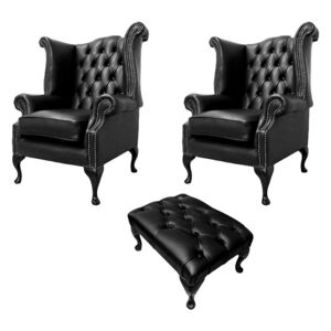 Chesterfield 2 x Wing Chairs +­ Footstool Old English Black Leather In Queen Anne Style