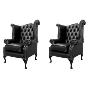 Chesterfield 2 x Chairs Old English Black Leather Chairs Offer In Queen Anne Style
