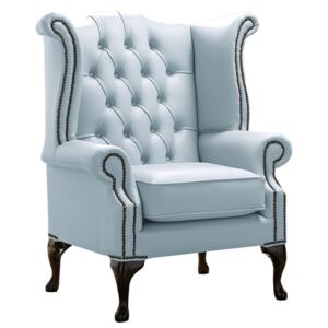 Chesterfield High Back Wing Chair Shelly Parlour Blue Leather Bespoke In Queen Anne Style