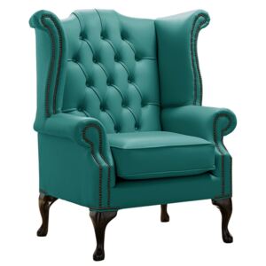 Chesterfield High Back Wing Chair Shelly Dark Teal Leather Bespoke In Queen Anne Style