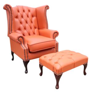 Chesterfield High Back Wing Chair + Footstool Shelly Flamenco Orange Leather In Queen Anne Style