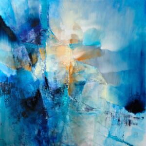 Illustration spring is knocking - composition in blue and orange, Annette Schmucker