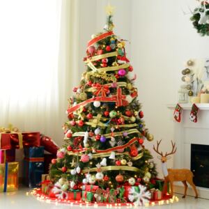 HOMCOM 1.8m Pre-Lit Artificial Christmas Tree, Metal Stand-Green