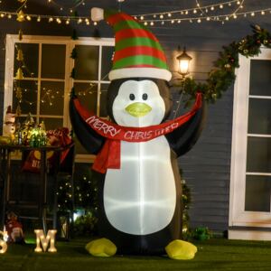 HOMCOM 243cm Inflatable Penguin Holding Merry Christmas Banner Holiday Yard Decoration with LED Lights, Indoor Outdoor Lawn Blow Up Decor