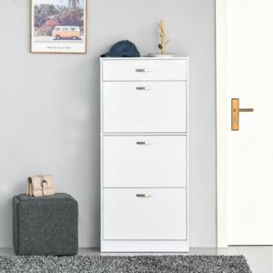 HOMCOM Shoe Cabinet with 4 Drawers Storage Cupboard with Flip Doors Pull Down Furniture Unit with Adjustable Shelves for 18 Pairs White