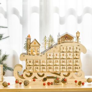 HOMCOM Christmas Advent Calendar, 2021 Light Up Table Xmas Wooden Sled Holiday Decoration with Countdown Drawer, Village, Natural Wood Color
