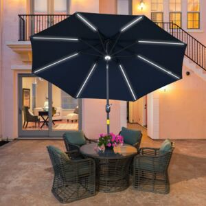 Outsunny 2.7m Garden Parasol Sun Umbrella Patio Summer Shelter w/ LED Solar Light, Angled Canopy, Vent, Crank Tilt, Blue