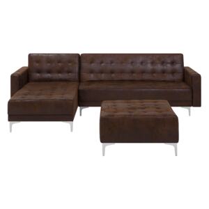 Corner Sofa Bed Brown Faux Leather Tufted Modern L-Shaped Modular 4 Seater with Ottoman Right Hand Chaise Longue Beliani